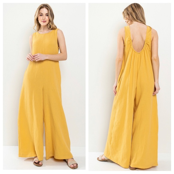 Boho Cotton Gauze Solid Wide Leg Jumpsuit - Picture 3 of 3